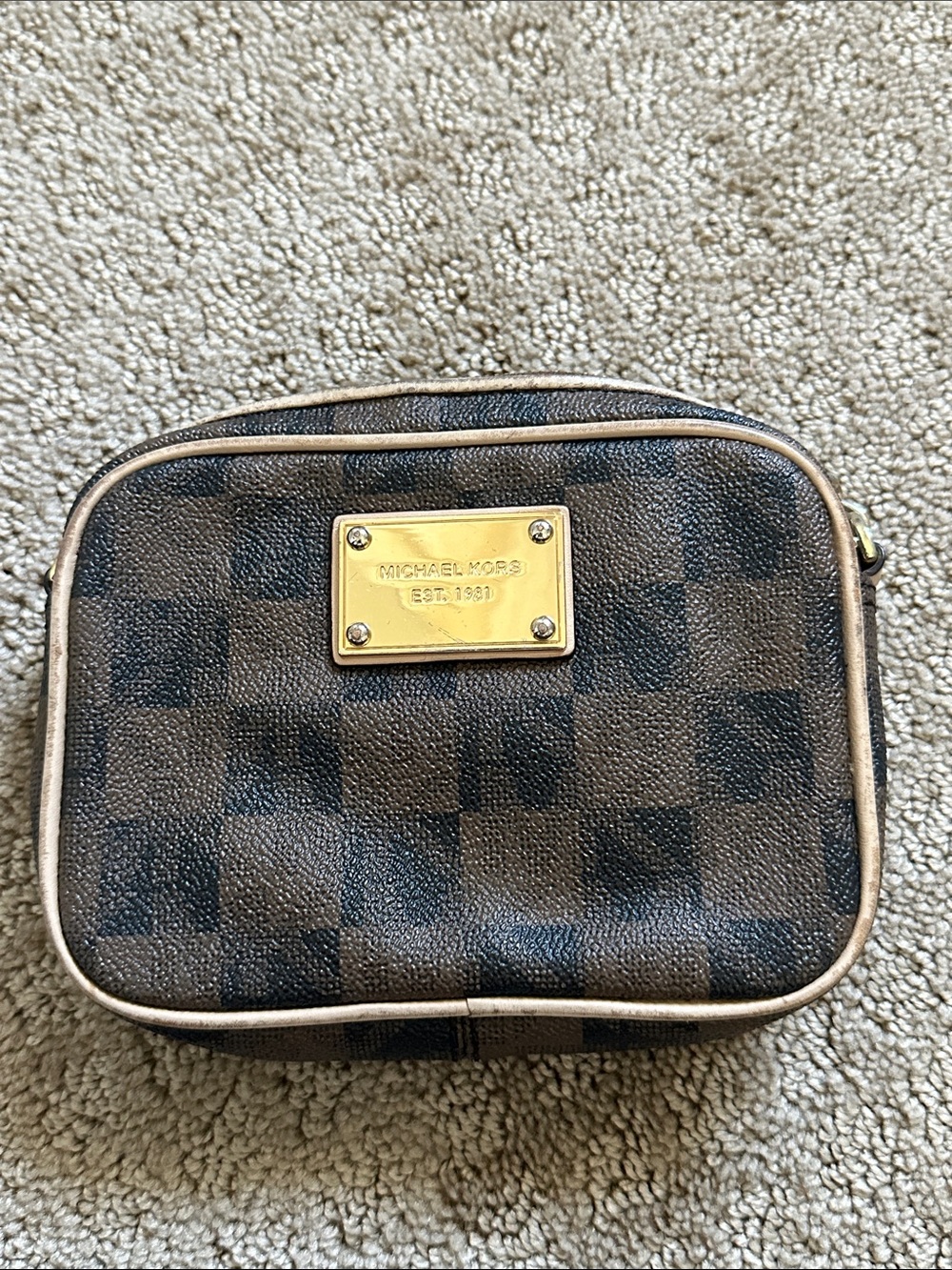 Michael Kors Brown Check Convertible Camera Bag with Gold Plaque